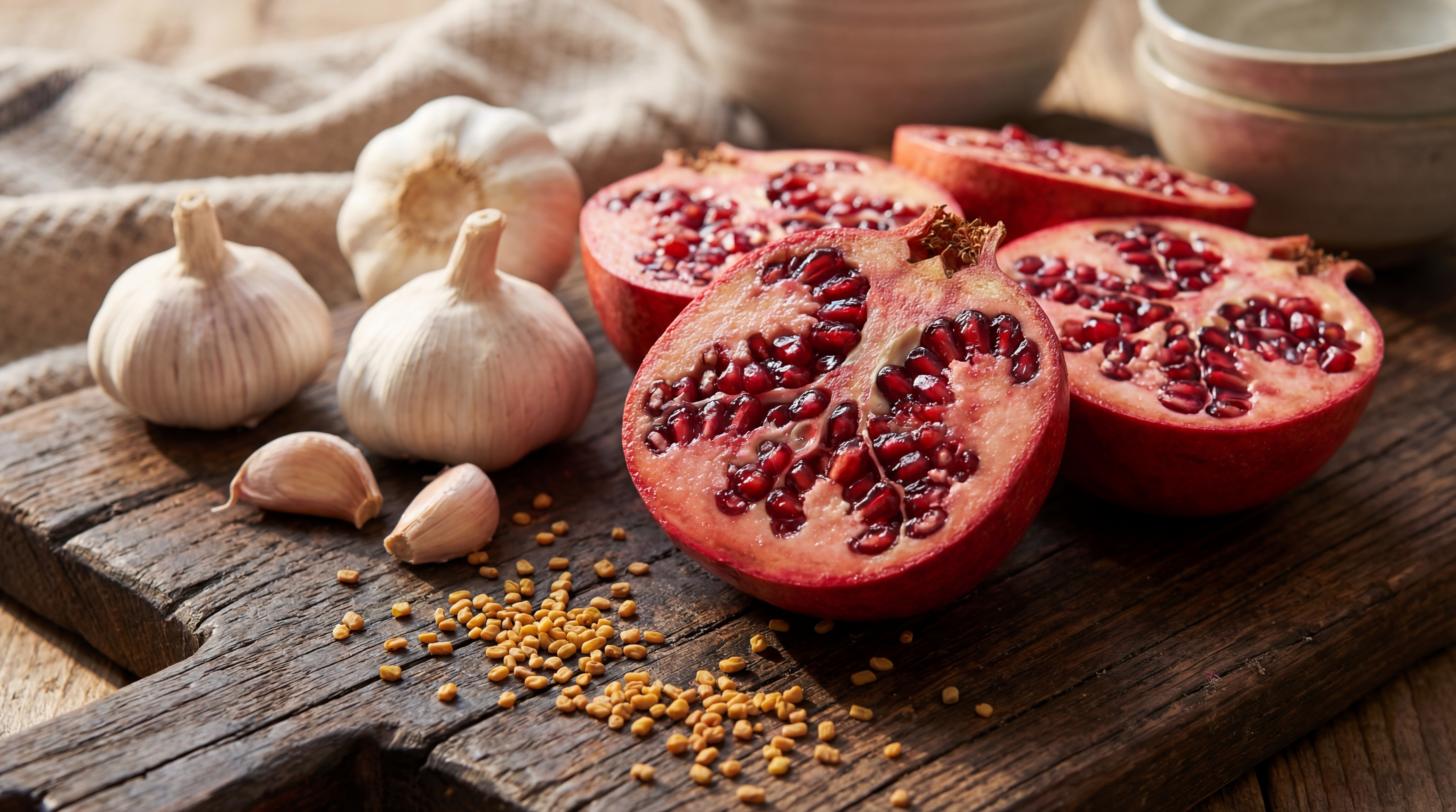Fresh pomegranate halves, garlic bulbs, and fenugreek seeds arranged on a wooden surface