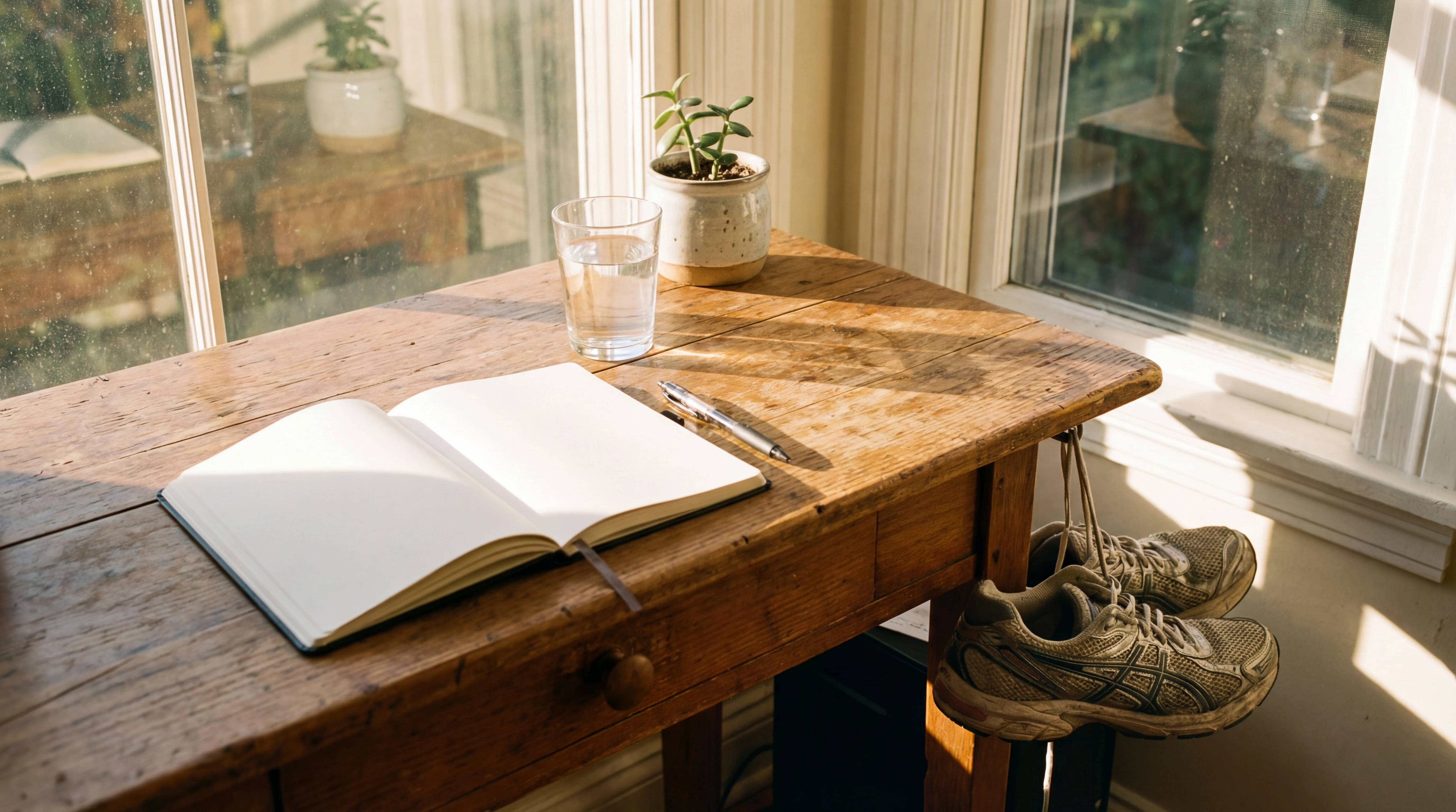 Calm morning workspace with journal, water glass, and running shoes by a sunlit window