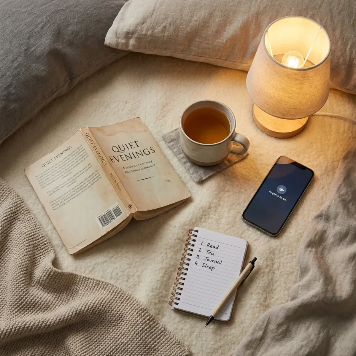 Evening wind-down setup with book, herbal tea, and phone placed away from bed