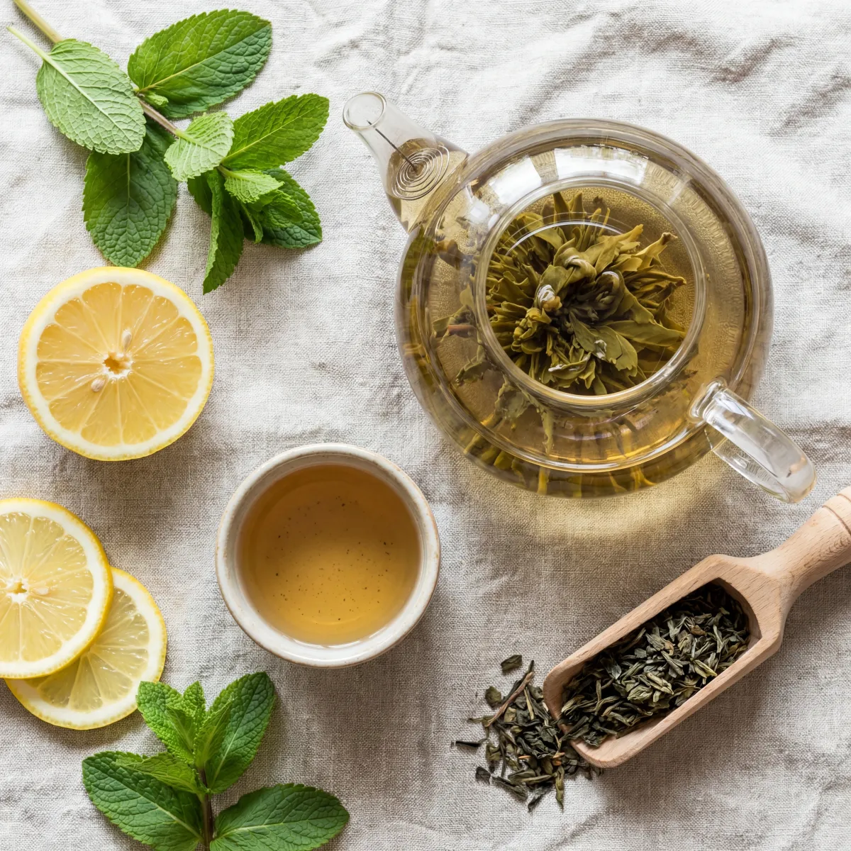 Overhead view of loose-leaf green tea, a glass teapot, and citrus on a light linen table.