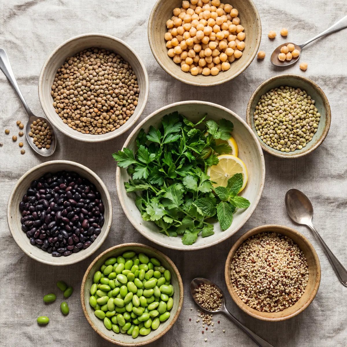 Cooked lentils, chickpeas, black beans, edamame, and quinoa served in bowls for meal planning