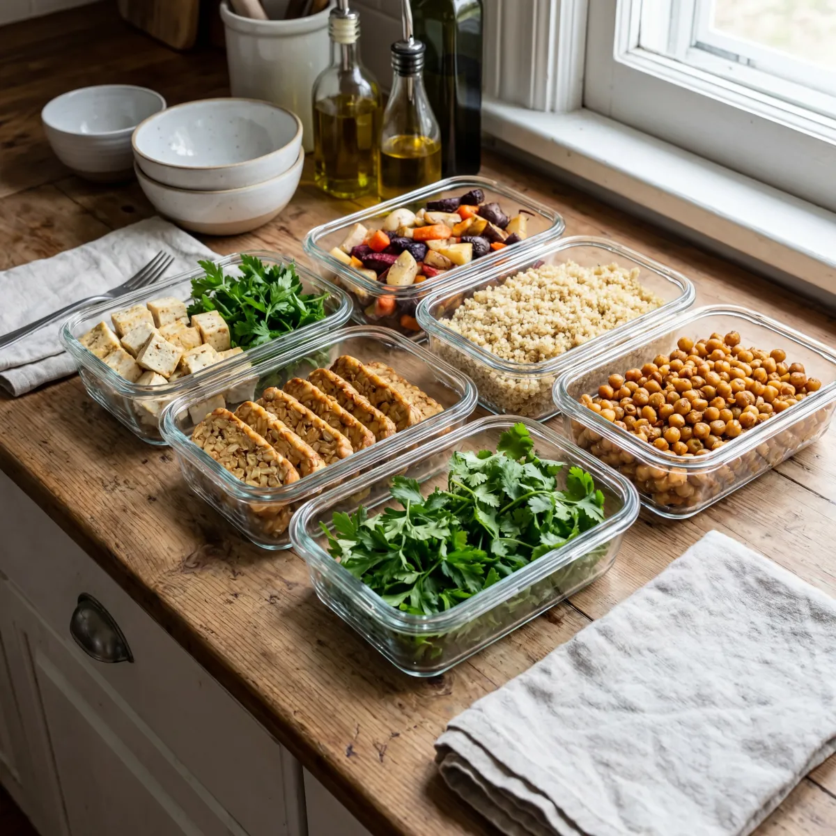 Weekly meal prep containers filled with tofu, tempeh, quinoa, roasted chickpeas, and mixed vegetables