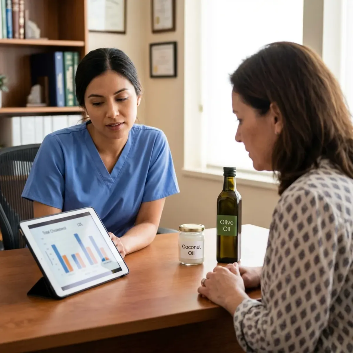 Dietitian discussing lipid chart and cooking oil options with a patient.