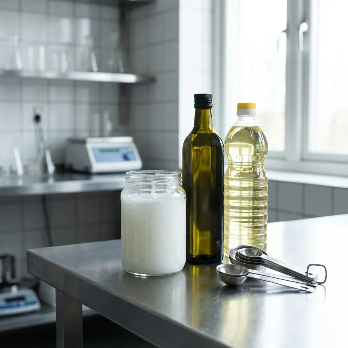 Coconut oil, olive oil, and canola oil shown together in a food science context.