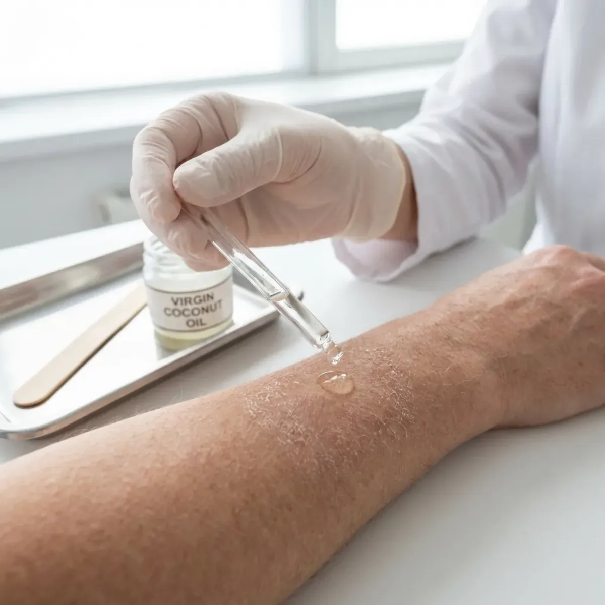 Topical coconut oil applied to dry forearm skin in clinical setting.