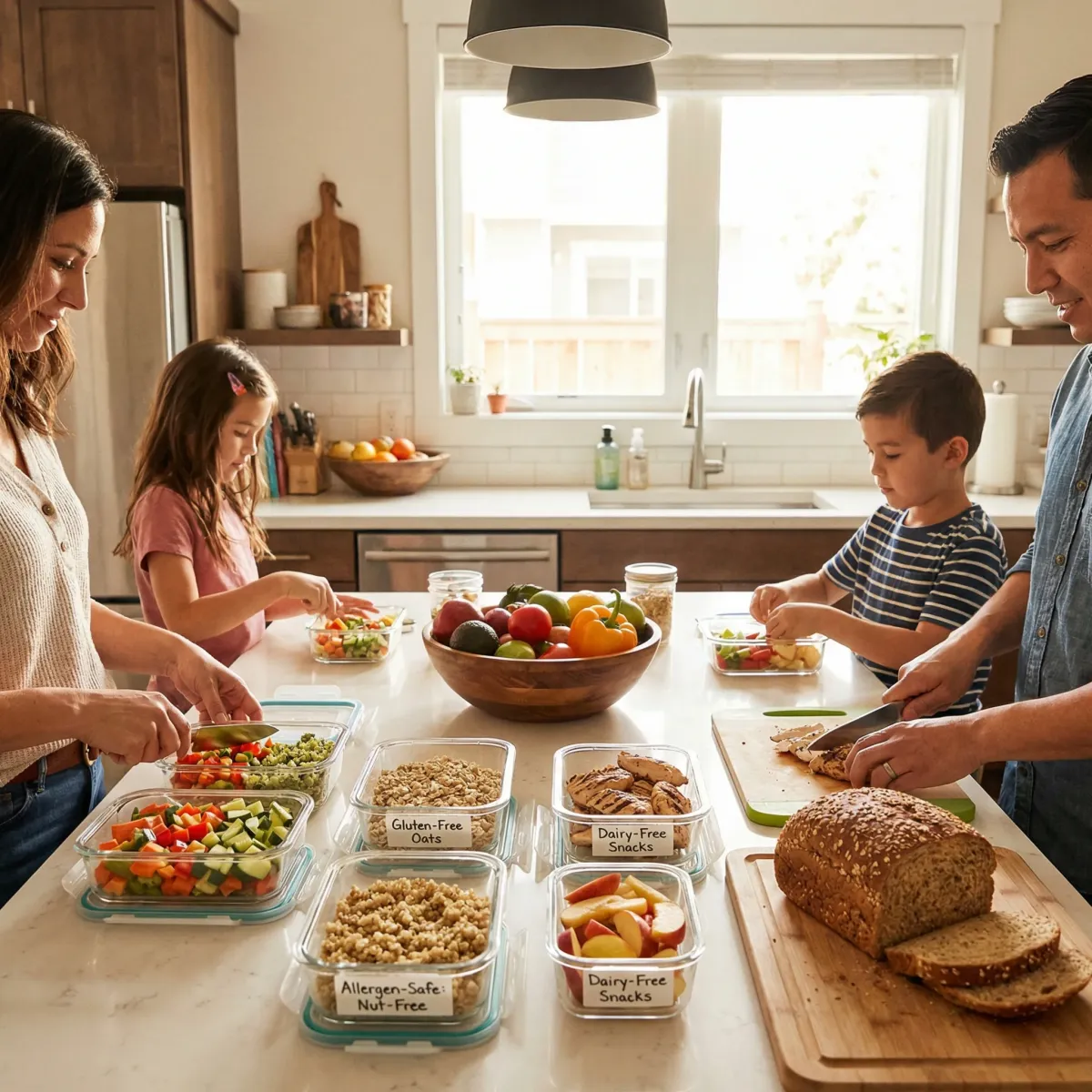 Family meal prep setup using labeled containers and allergen-aware ingredient planning in a home kitchen.