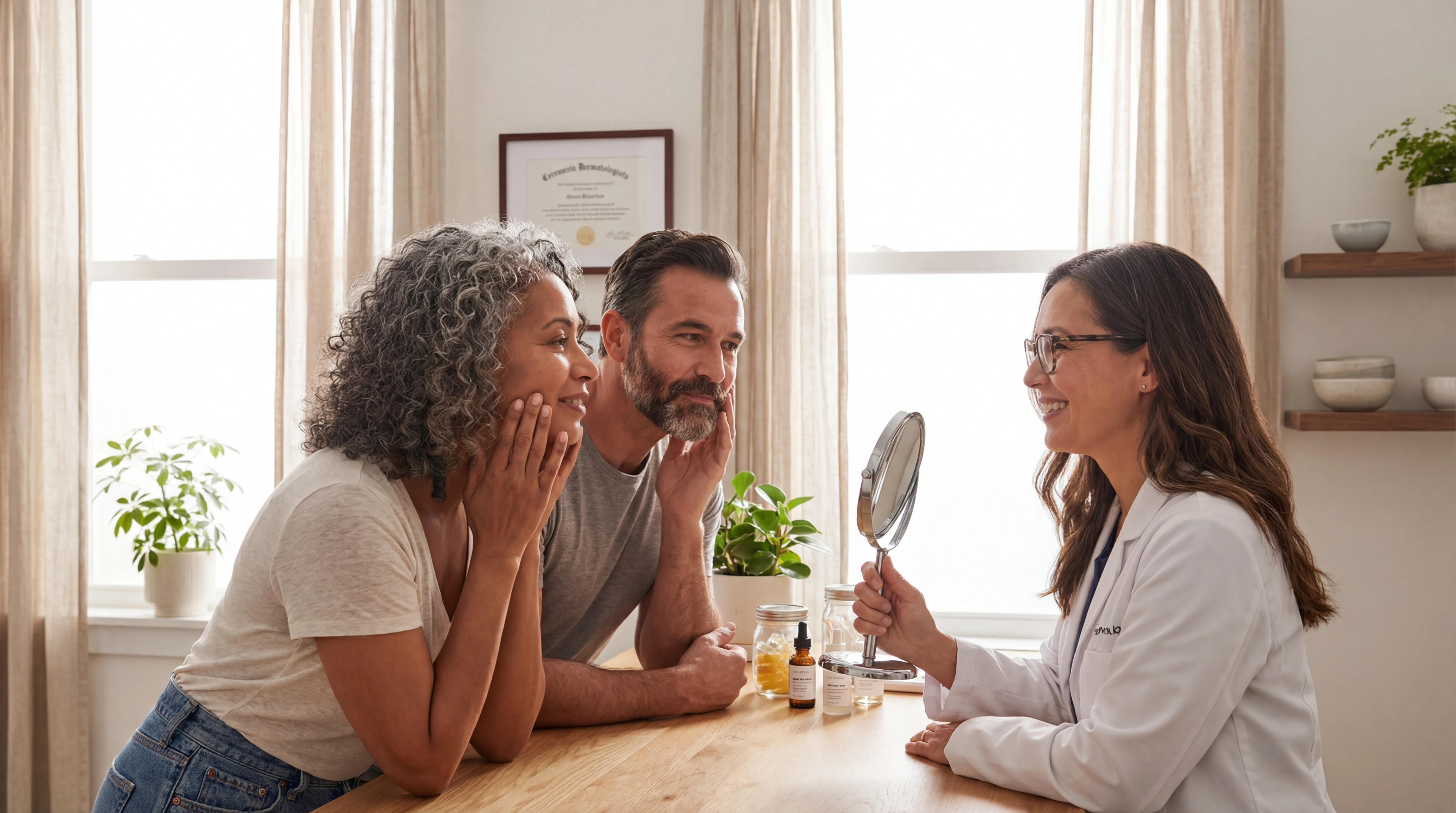 Dermatology consultation with two adults reviewing healthy skin aging strategies in a bright clinic