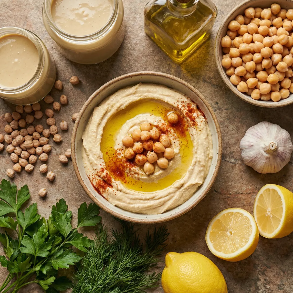 Selection of plant-based protein bowls with legumes, grains, and creamy dips prepared for lunch.