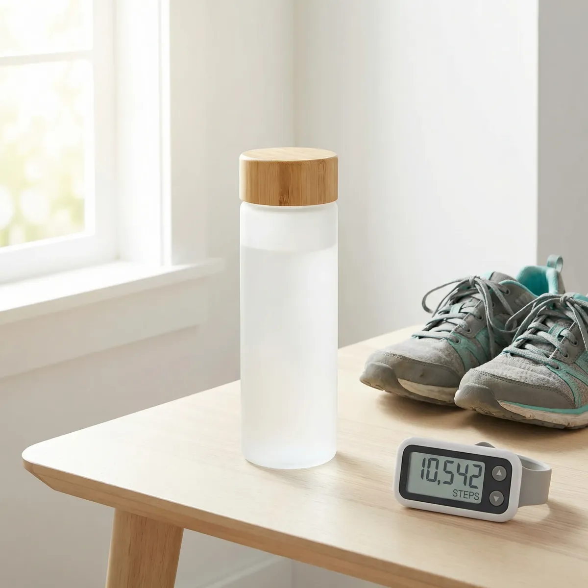 Water bottle, walking shoes, and step tracker arranged to encourage daily movement habits