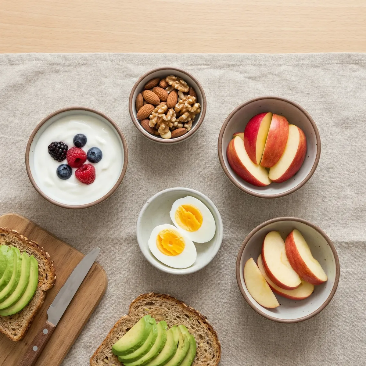 Portioned protein-forward snack ingredients including yogurt, nuts, eggs, fruit, and whole grains