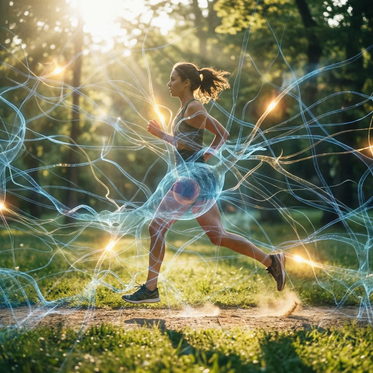 Runner moving through a park at sunrise with abstract neural lines suggesting exercise-linked brain adaptation
