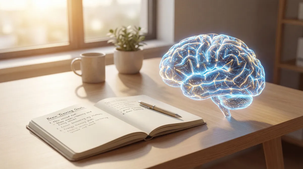 Illustrated neural pathways and a study notebook representing daily cognitive training habits