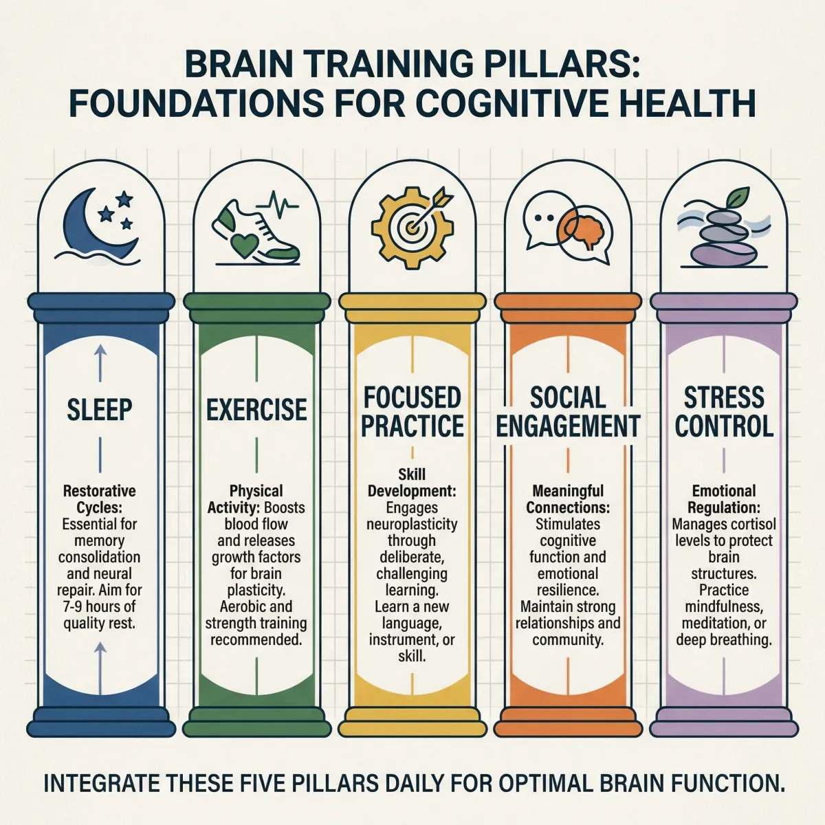 Infographic showing five pillars of cognitive performance: sleep, exercise, focused practice, social engagement, and stress control