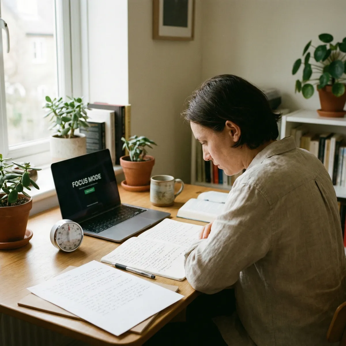 Person studying with handwritten notes and a timer in a distraction-free deep work environment