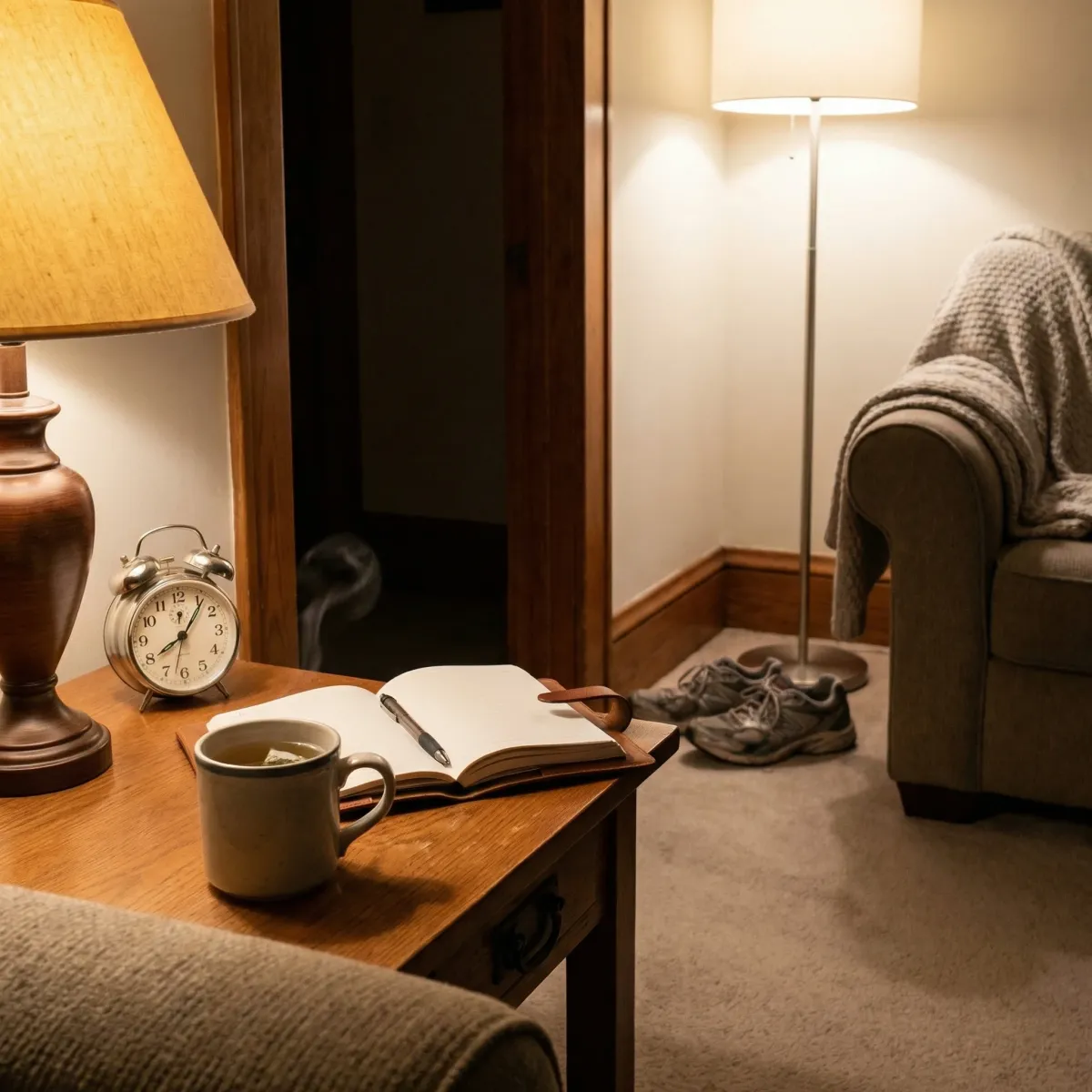 Evening routine setup with tea, journal, and alarm clock to support sleep and cognitive recovery