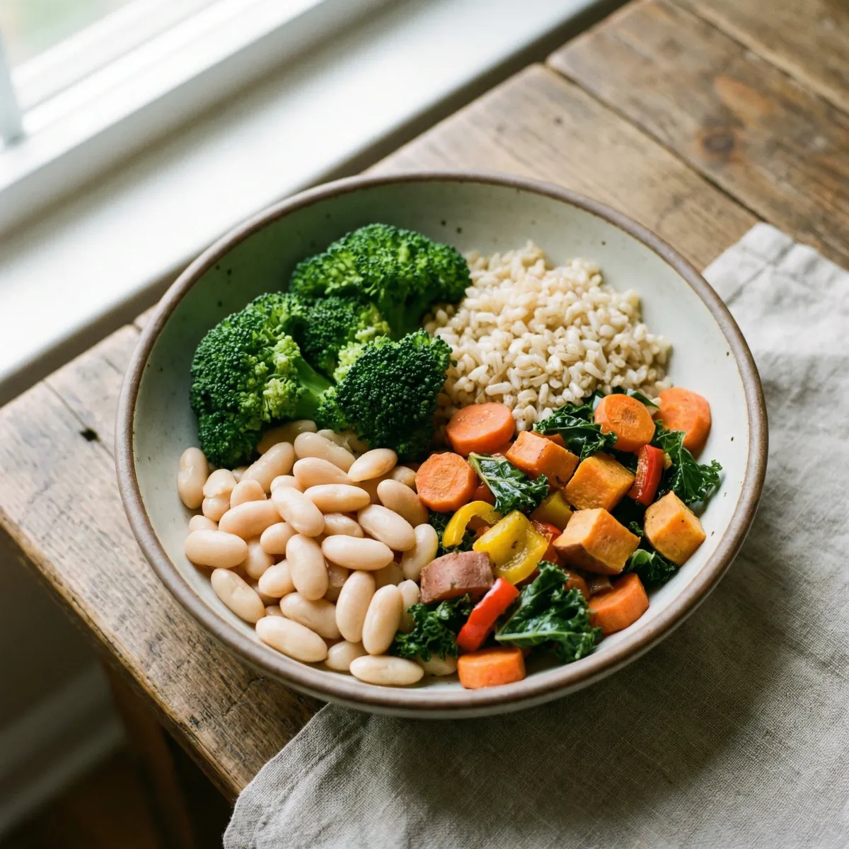 High-fiber meal bowl with broccoli, white beans, brown rice, and mixed vegetables.