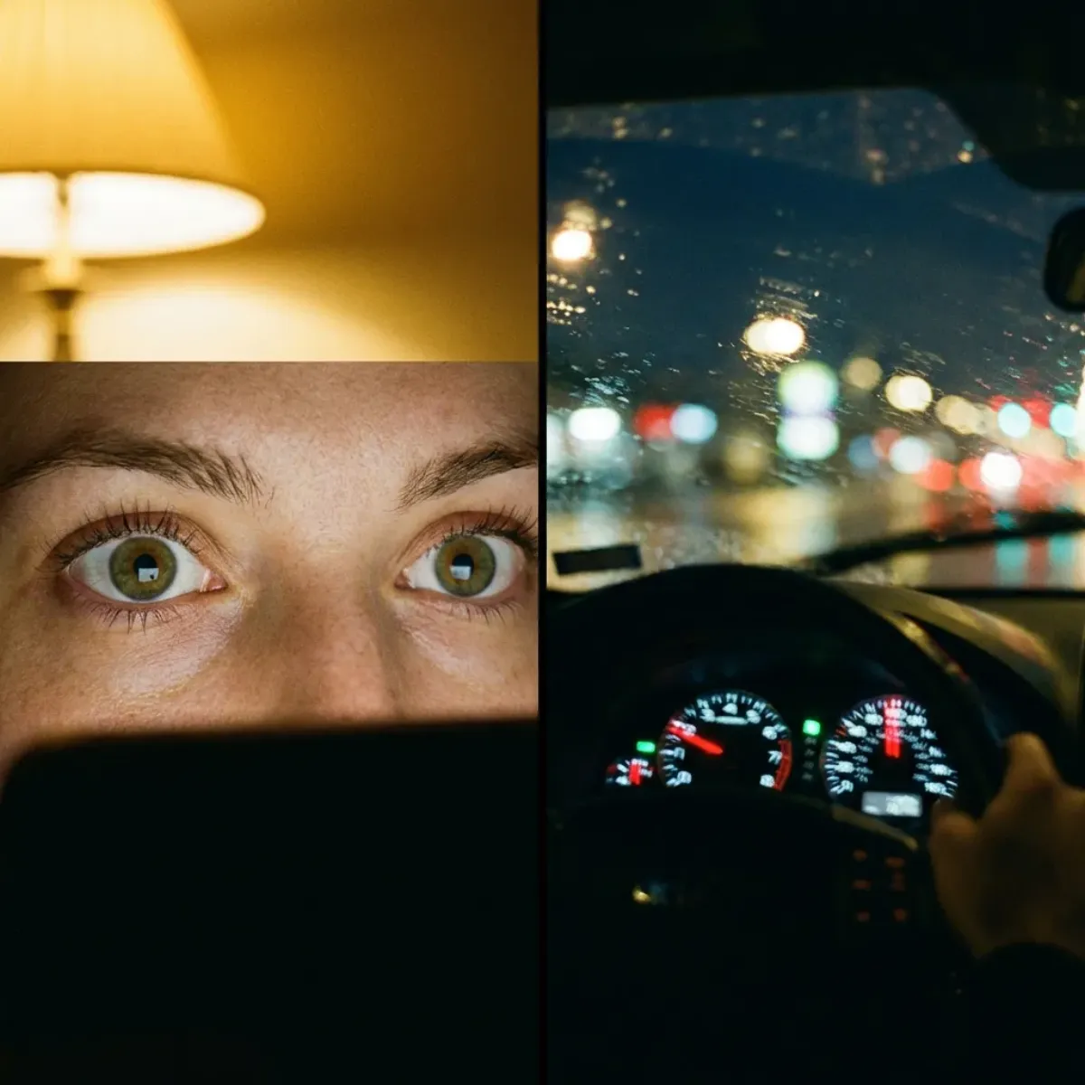 Split comparison of alert wide-open eyes under bright light versus a blurred nighttime car dashboard suggesting impaired driving