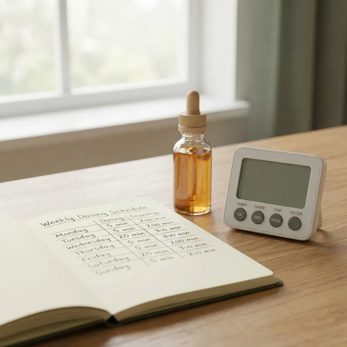 Nightstand setup with a dropper bottle journal and soft bedside lamp suggesting evening relaxation routine