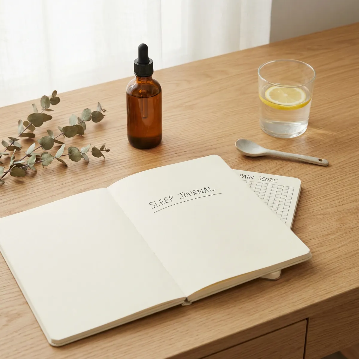 Flat-lay of CBD oil bottle, sleep journal, and pain tracking notes beside a glass of water.