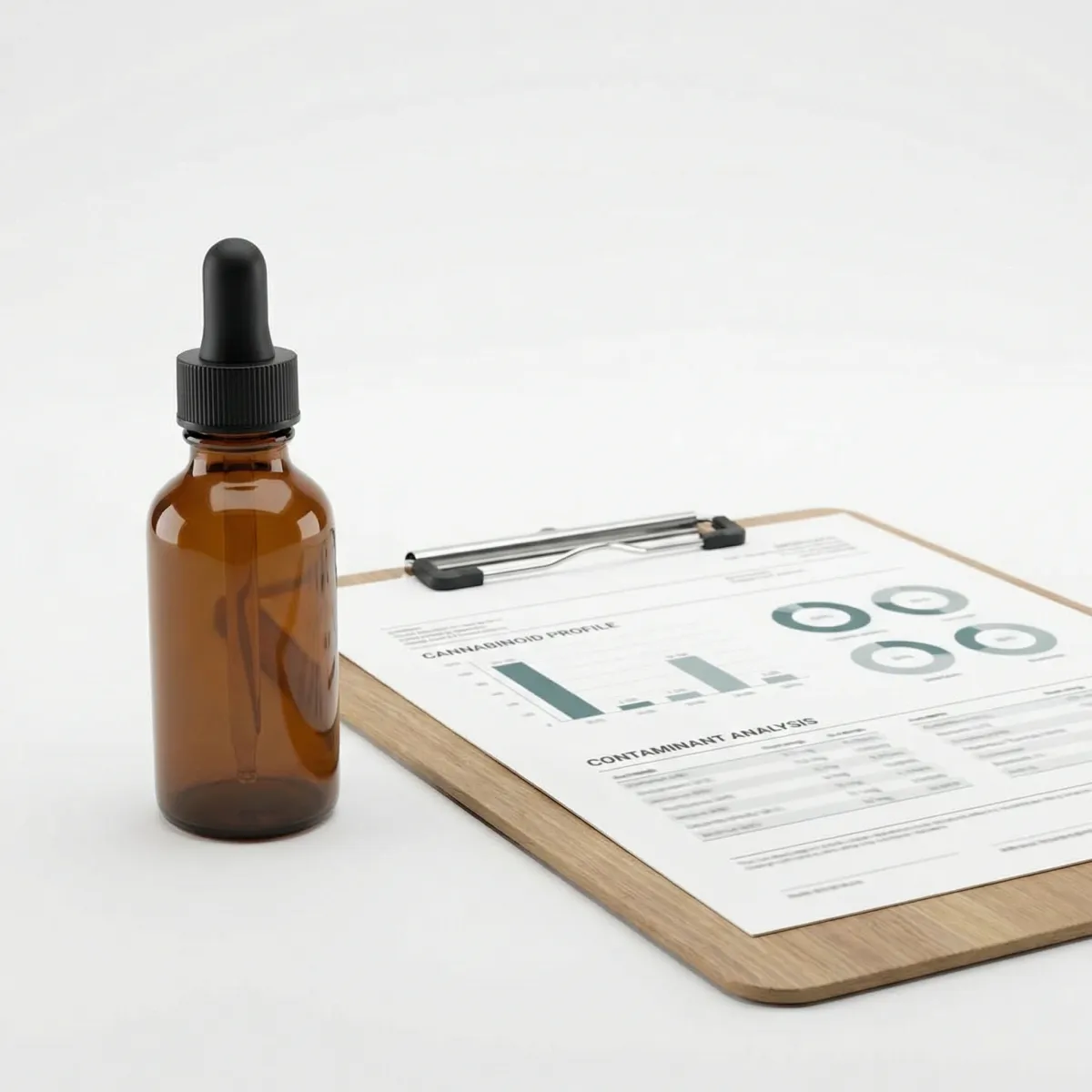 Close-up of CBD product label beside a third-party lab certificate with cannabinoid and contaminant panels.