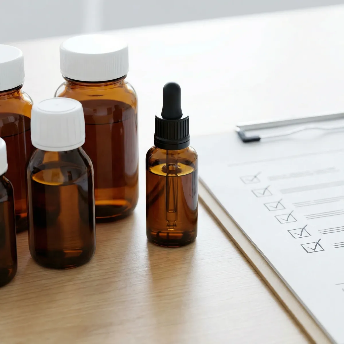 Medication bottles, CBD dropper, and checklist card for side effects and interaction screening.