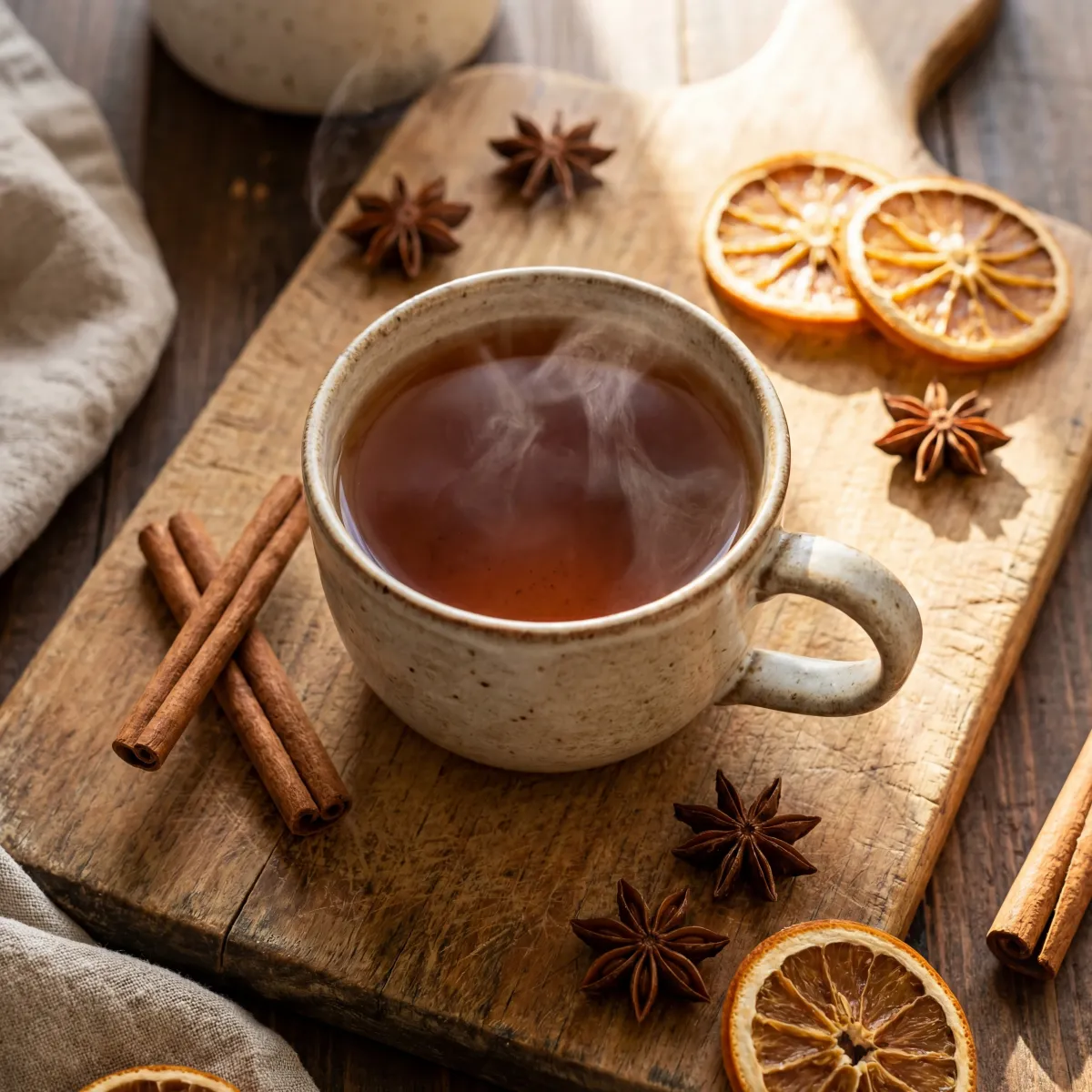 Warm cup of cinnamon tea with whole cinnamon sticks and star anise on a wooden surface in soft natural lighting