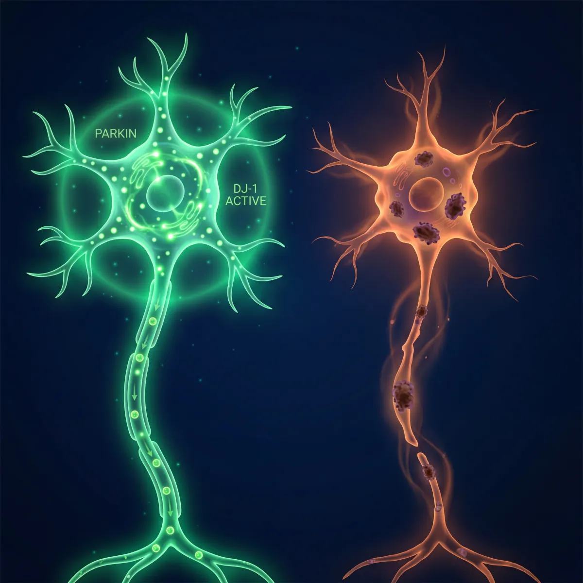 Diagram comparing a healthy dopaminergic neuron with active Parkin and DJ-1 proteins versus a degenerating neuron lacking these protective proteins