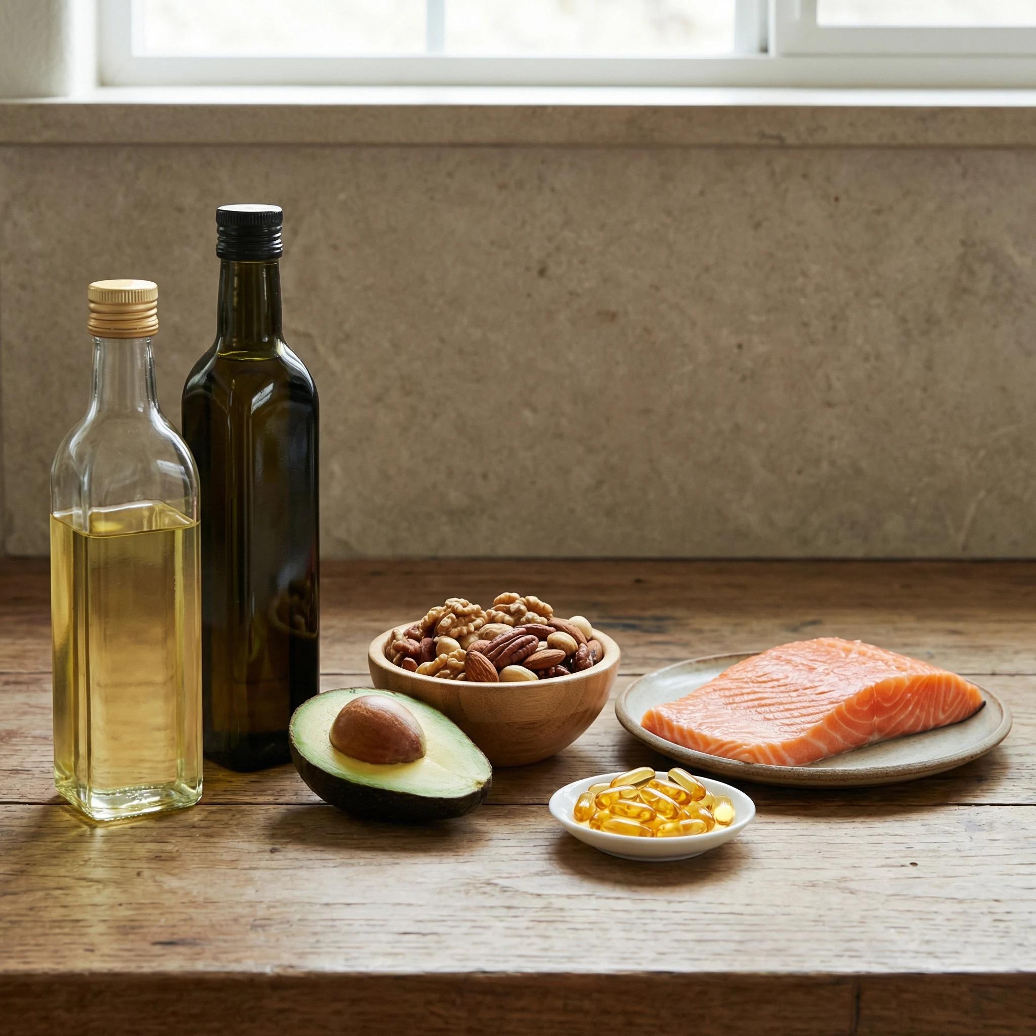 Comparison setup showing safflower oil, olive oil, avocado, nuts, salmon, and softgel capsules to illustrate dietary fat choices