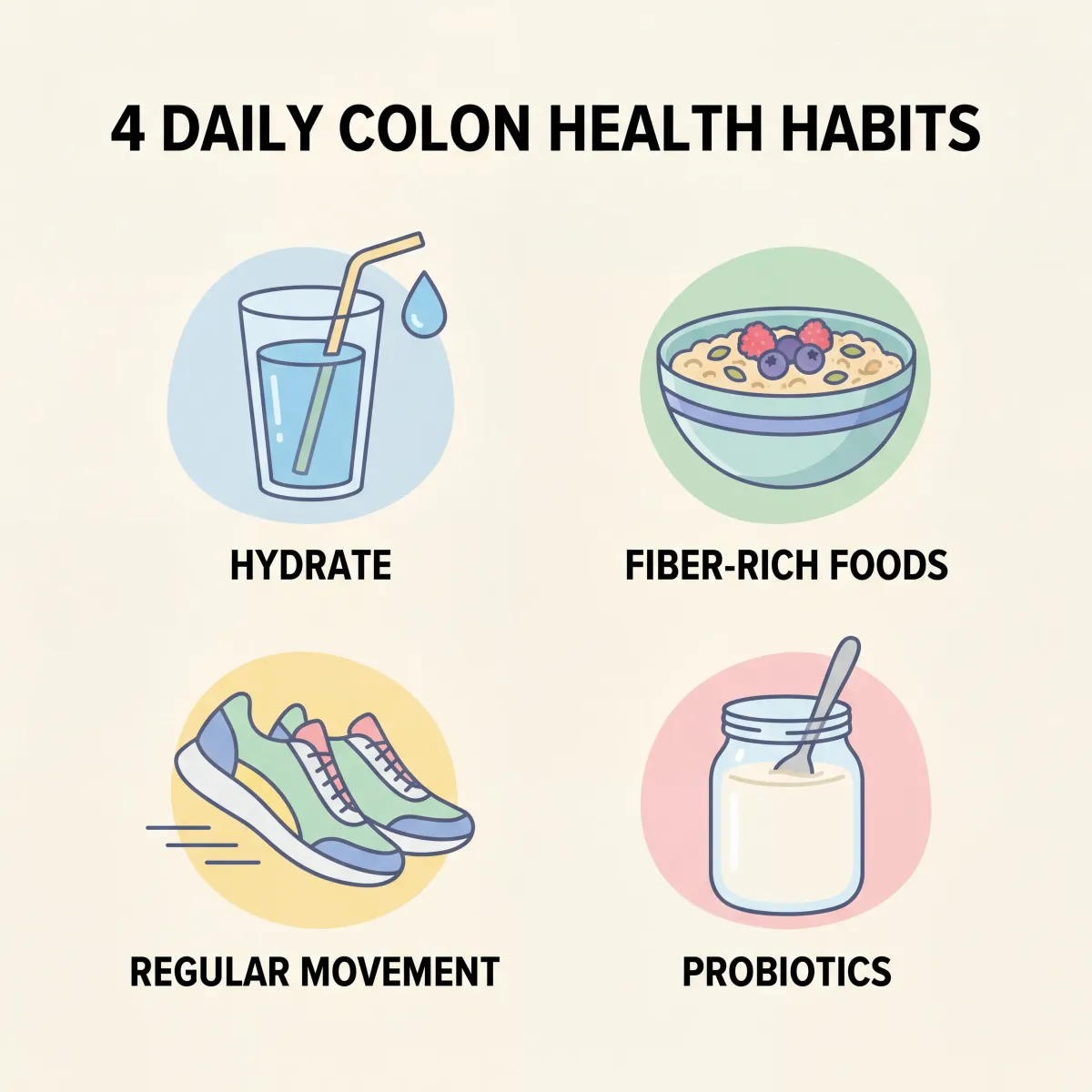 Infographic showing daily colon health habits including water intake, fiber goals, exercise minutes, and fermented food servings