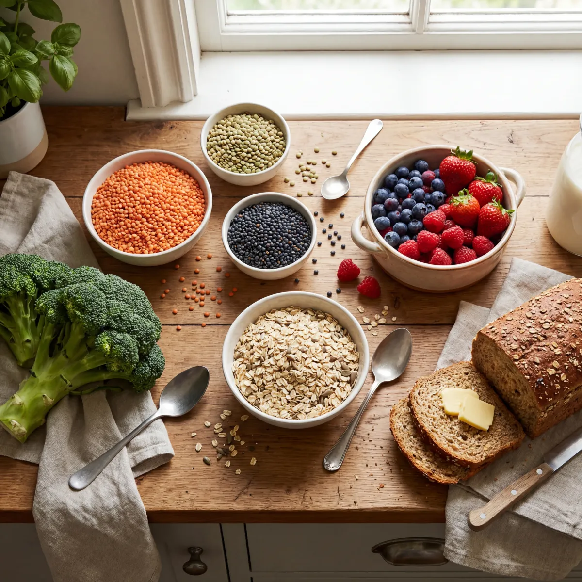Colorful assortment of high-fiber foods including lentils, broccoli, berries, oats, and whole grain bread on a kitchen counter