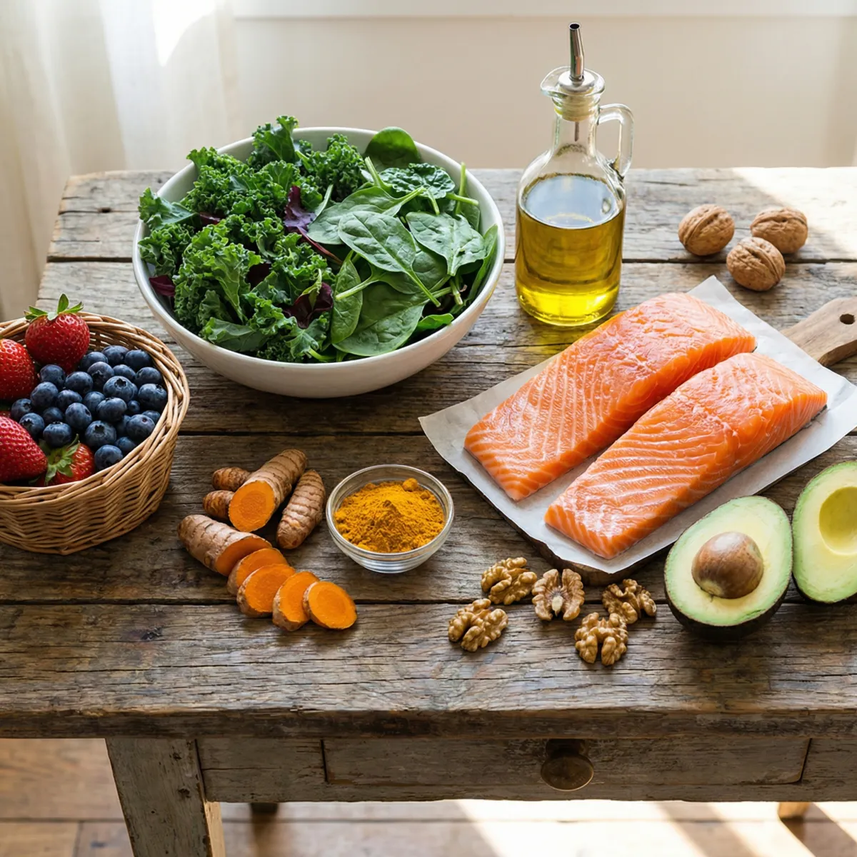Colorful arrangement of anti-inflammatory foods including salmon, leafy greens, berries, turmeric, and olive oil on a wooden surface