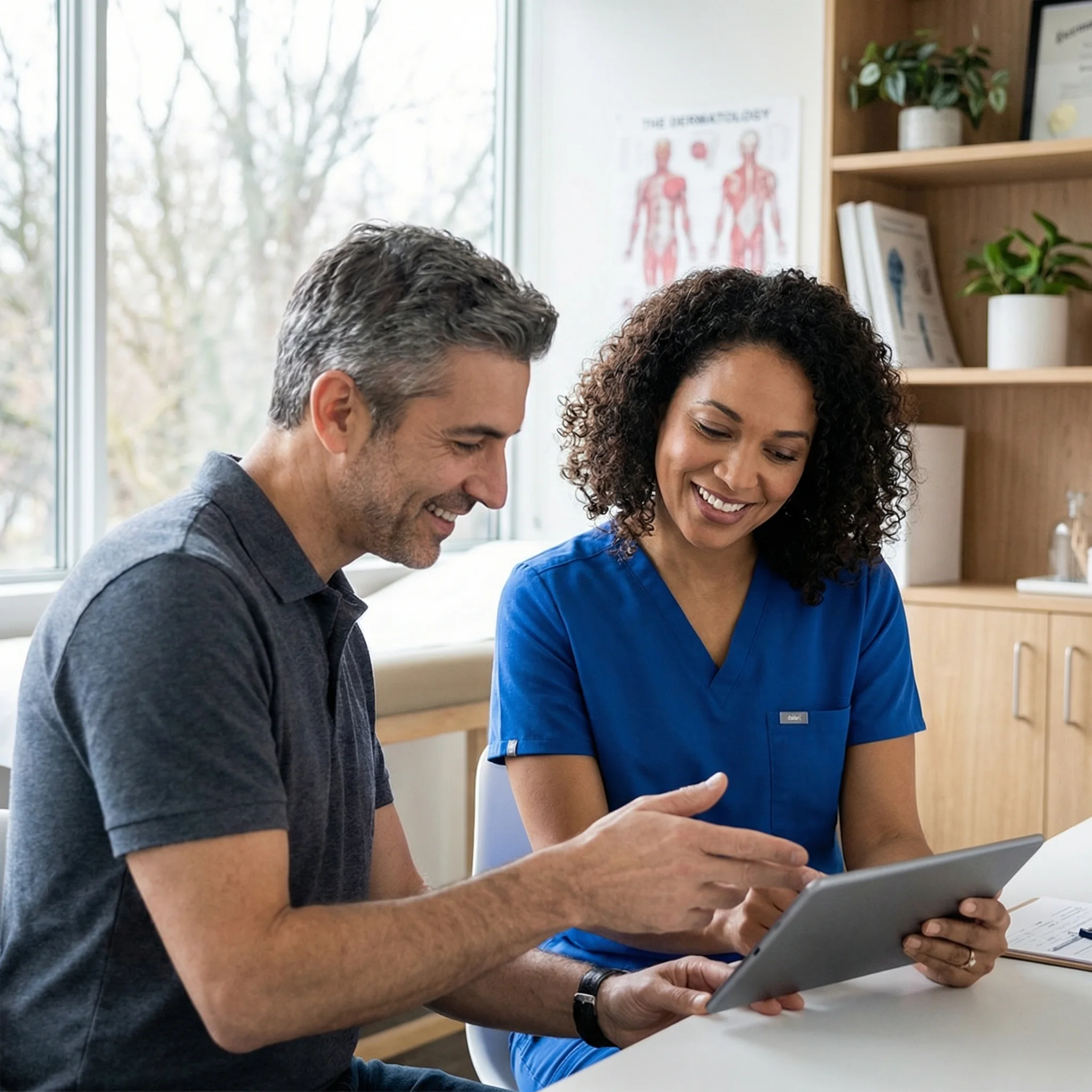 Dermatology consultation reviewing cosmetic ingredient safety on a tablet