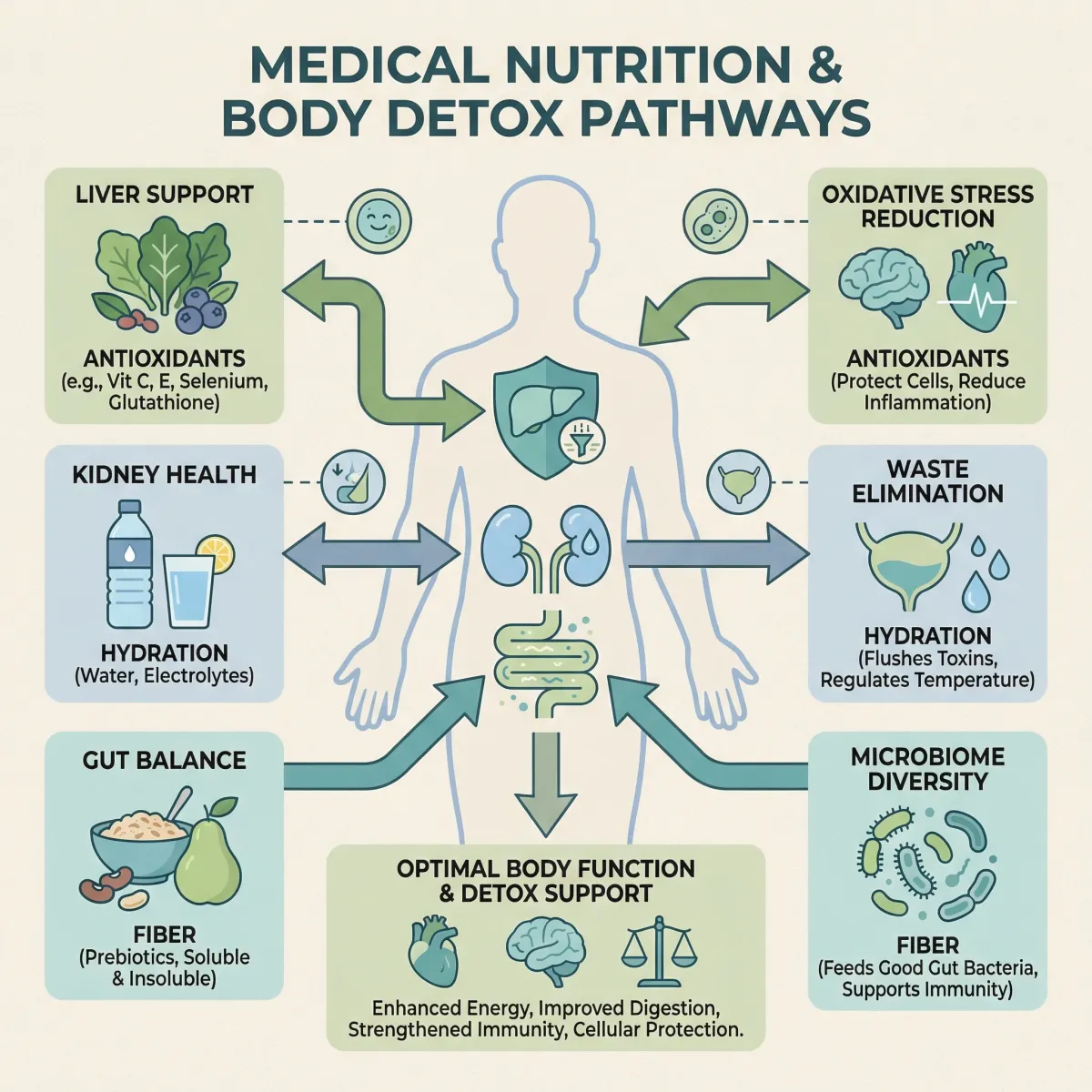 Infographic showing how liver support, kidney hydration, and gut fiber work together to support everyday detox pathways.
