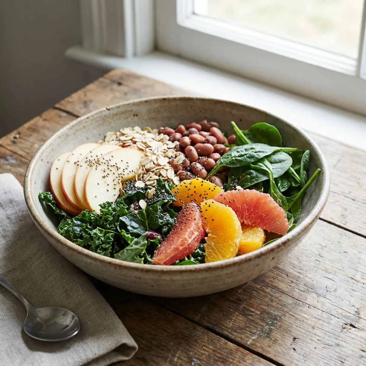 Bowl and ingredients featuring high-fiber foods including fruit, beans, seeds, and leafy vegetables for digestive support.
