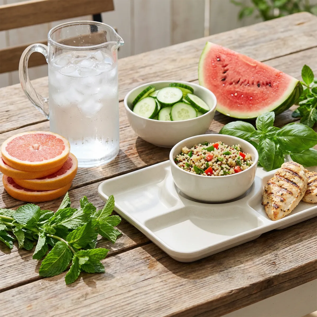 Water pitcher with citrus and hydrating produce arranged beside a simple meal to illustrate kidney-supportive hydration habits.