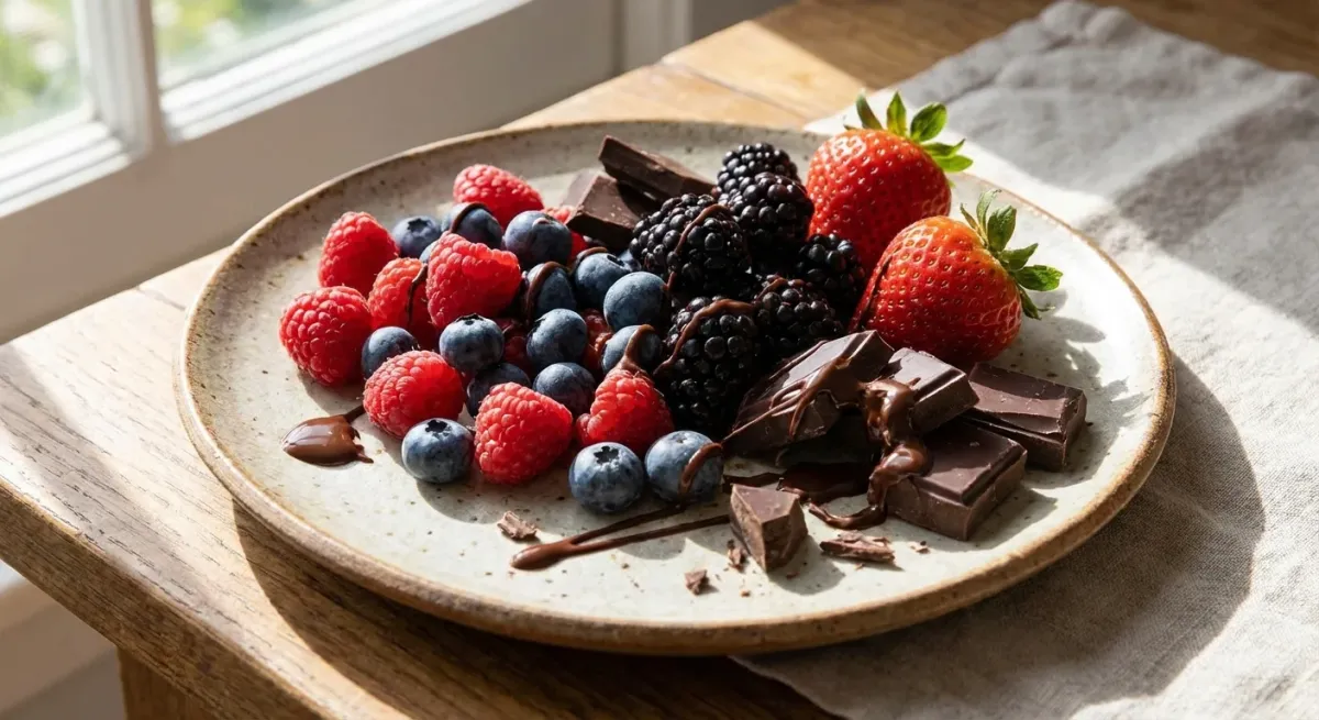 Blueberries, blackberries, and dark chocolate pieces with cocoa powder on dark moody surface