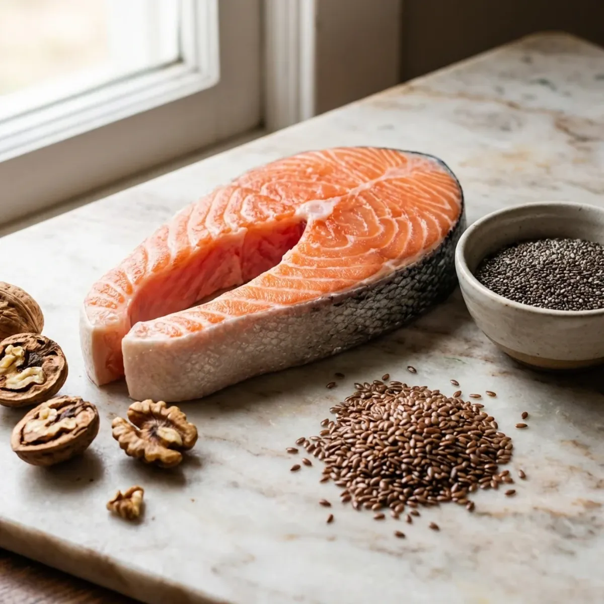 Wild salmon, sardines, walnuts, flaxseeds, and chia seeds arranged on marble surface