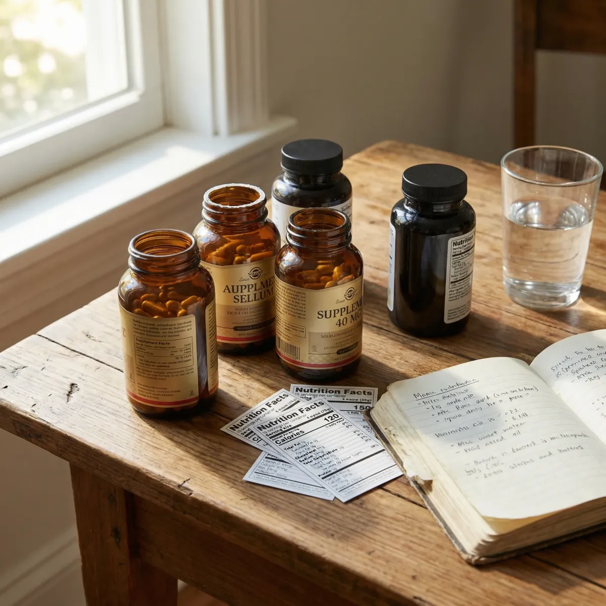 Supplement bottles, ingredient labels, notebook, and water glass for probiotic tracking and decision-making.