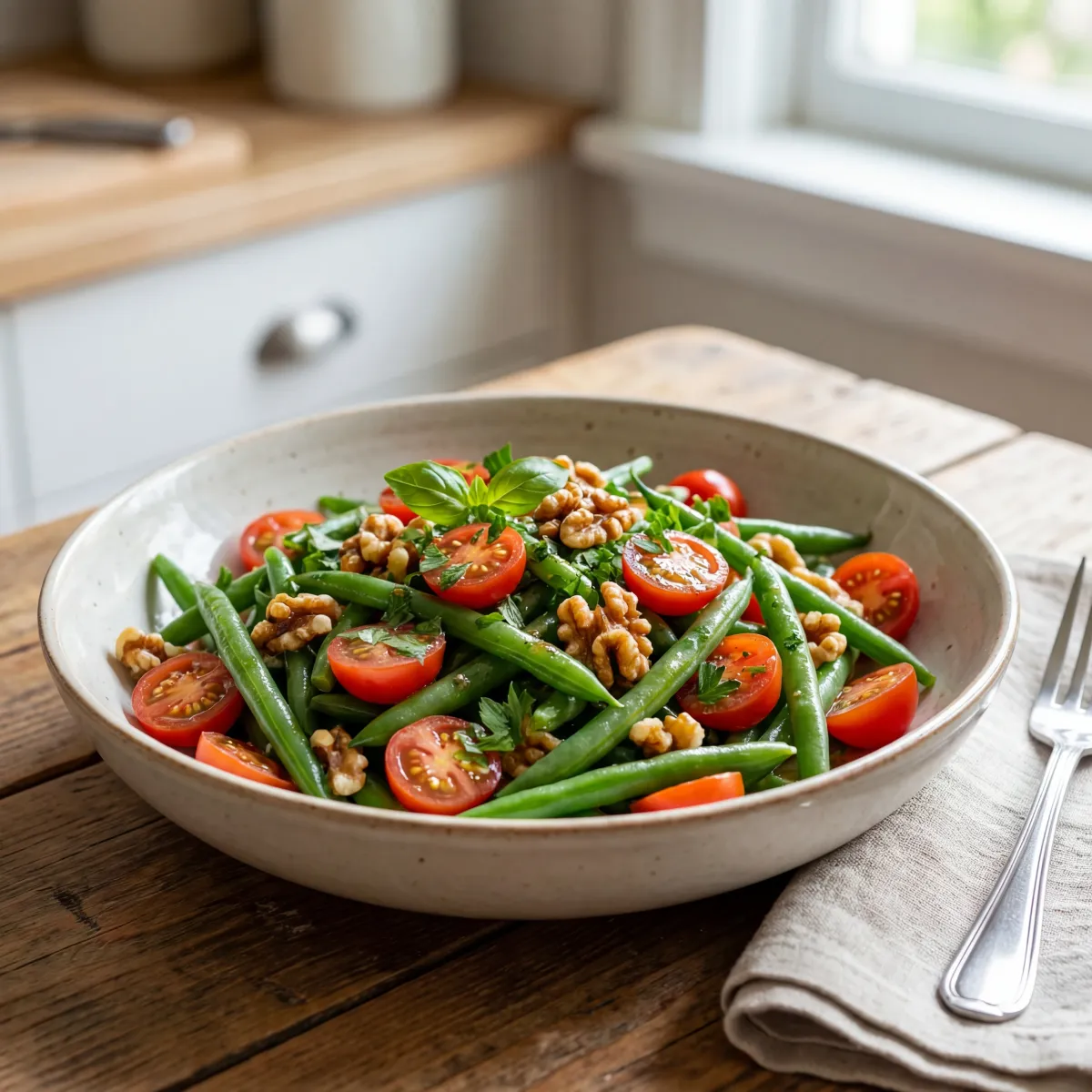 Bowl of green bean and tomato salad with walnuts and herbs