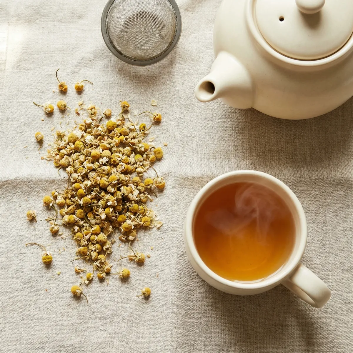Top-down view of chamomile blossoms, teapot, and a cup of freshly brewed chamomile tea