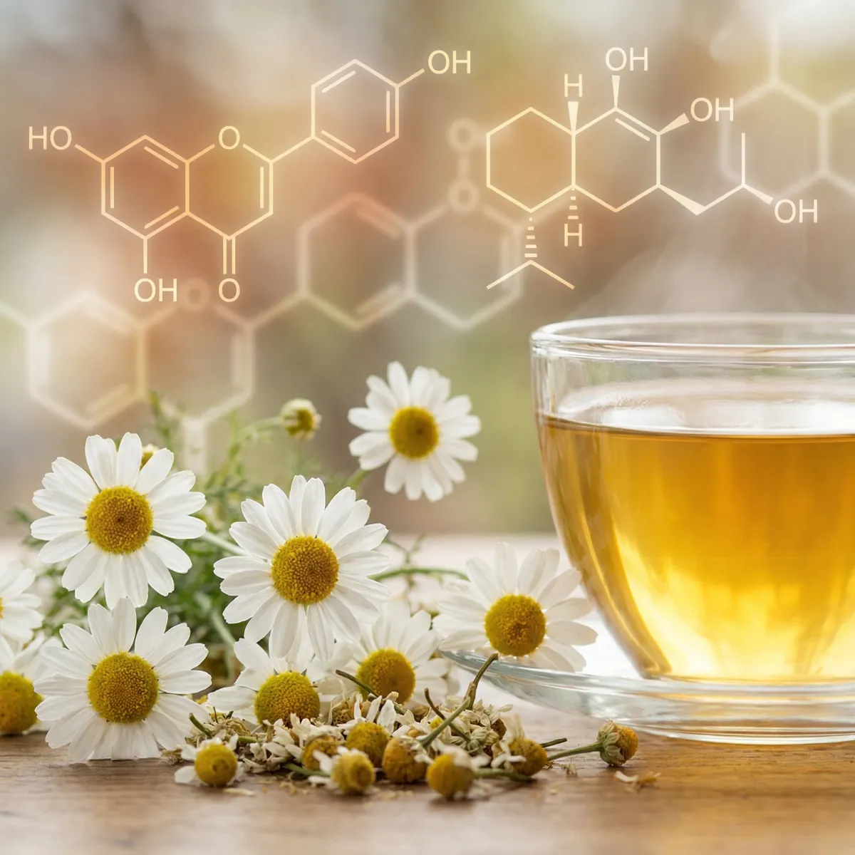 Chamomile flowers and tea with stylized molecular structures representing active plant compounds