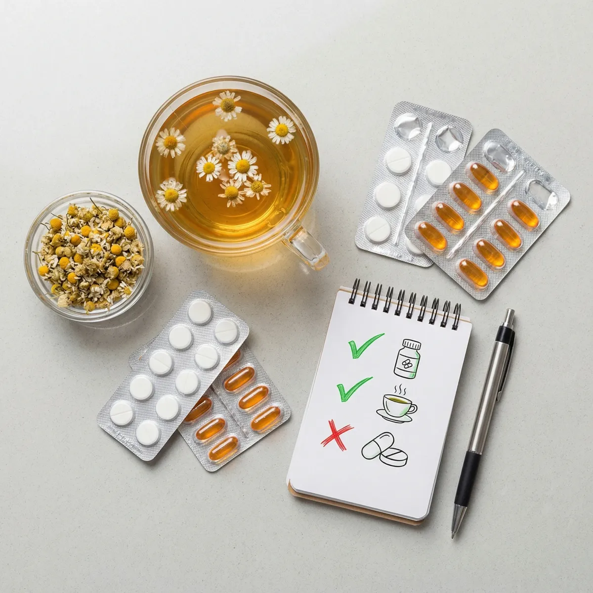 Chamomile tea and medication blister packs illustrating safety checks and potential drug interactions