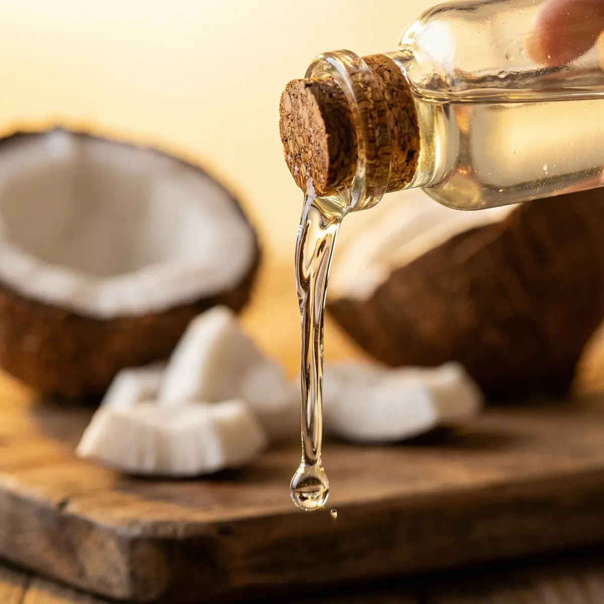 Close-up of clear coconut oil being poured from a glass bottle showing its smooth liquid texture