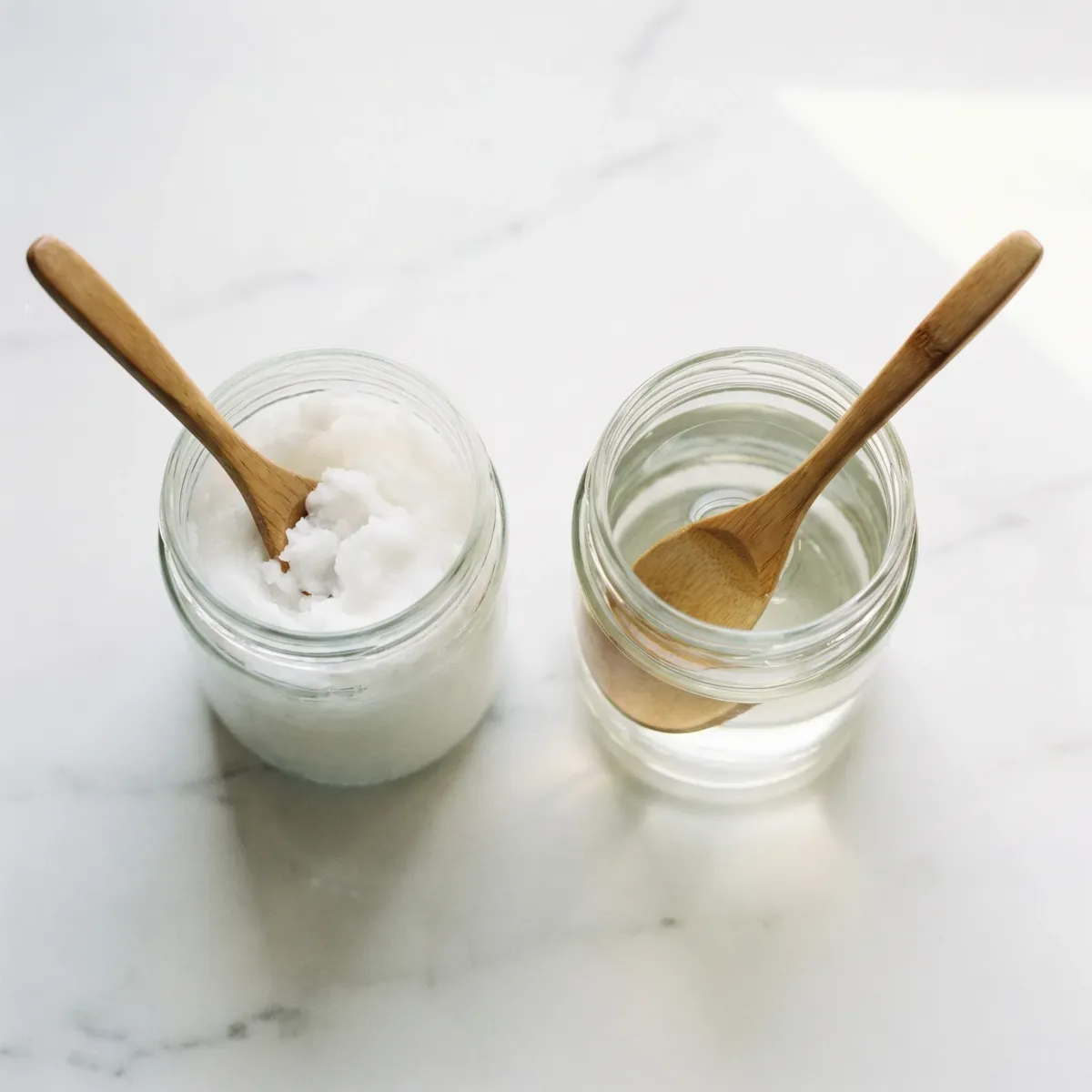 Two glass jars side by side showing opaque white virgin coconut oil and clear refined coconut oil