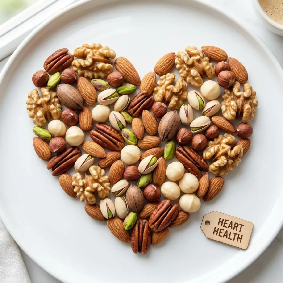 Heart shape formed by various nuts on a clean surface, symbolizing the cardiovascular benefits of nut consumption
