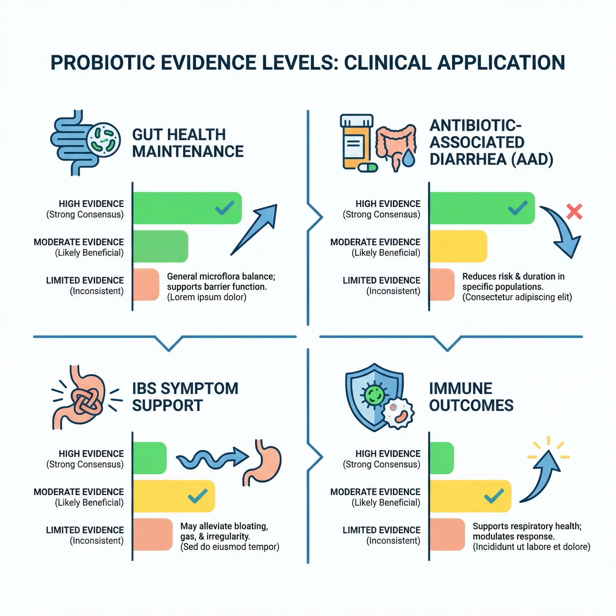 Infographic-style summary comparing stronger and weaker evidence areas for probiotic foods and supplements