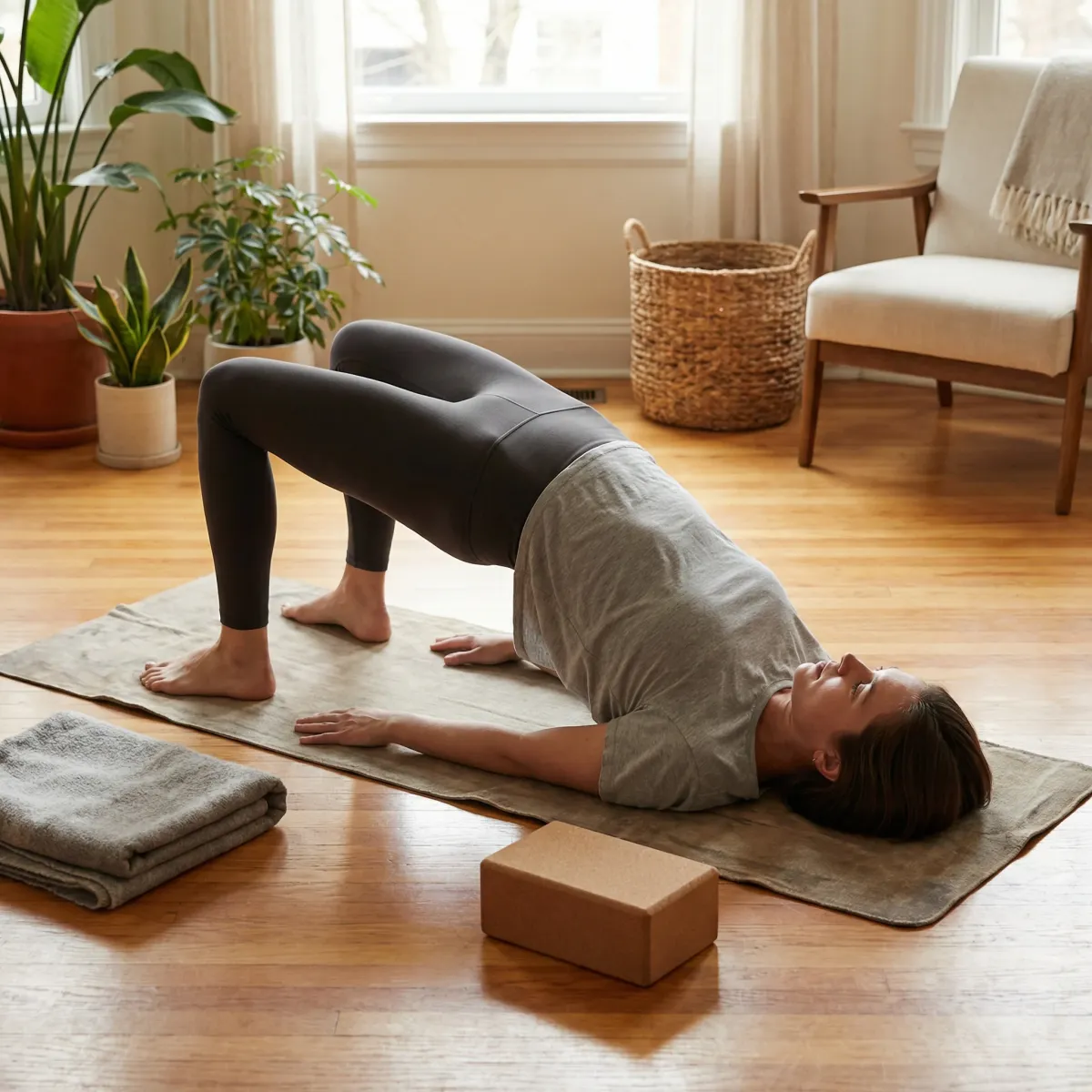 Beginner practicing bridge pose on a yoga mat at home with yoga blocks and a folded blanket nearby