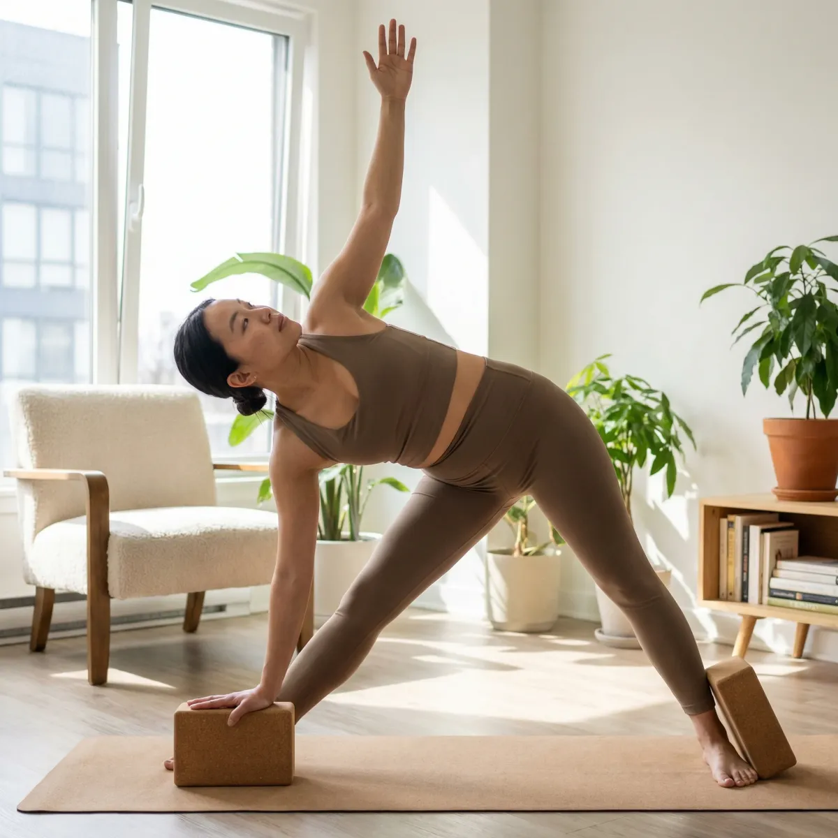 Beginner practicing extended triangle pose in a bright apartment with supportive yoga blocks for alignment