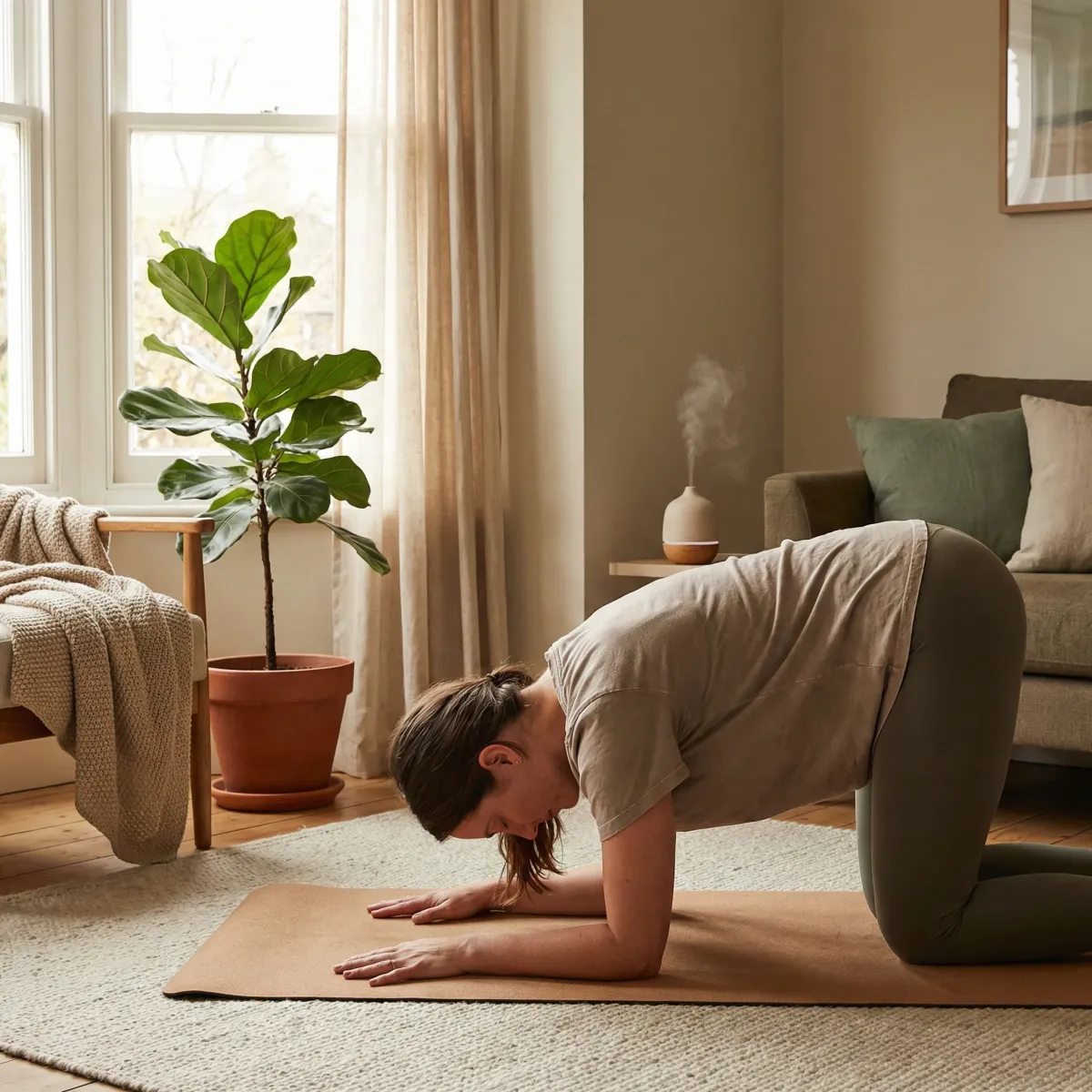 Beginner resting in puppy pose while practicing slow breathing in a quiet home corner