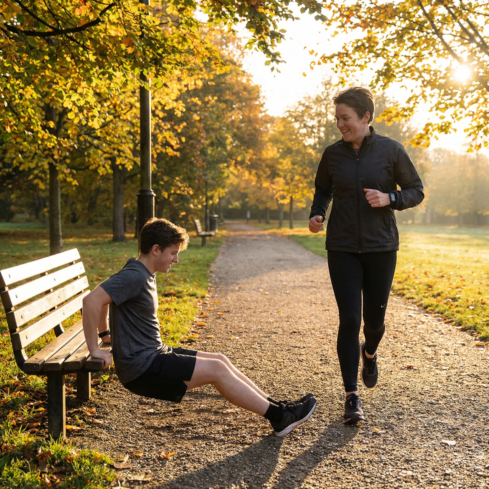 Person brisk-walking in a park and performing bodyweight strength exercises near a bench during morning light
